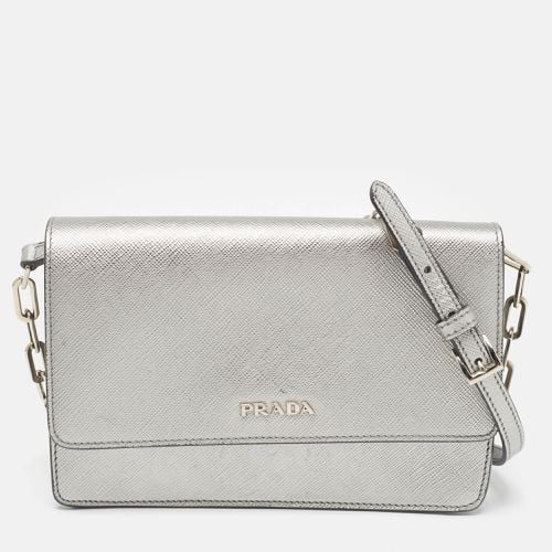 Prada Silver Saffiano Lux Leather Flap Chain Clutch - Prada - Modalova