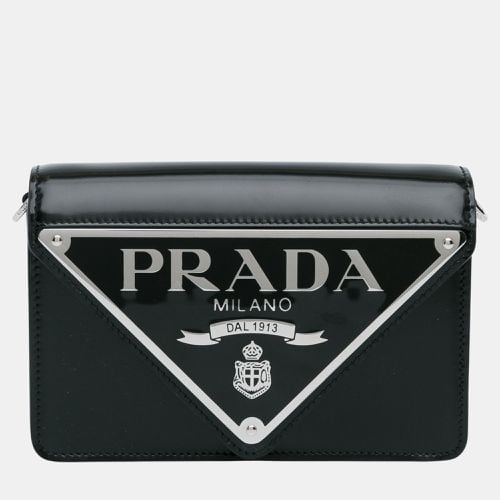 Prada Black Spazzolato Triangle Logo Plate Flap Chain Crossbody - Prada - Modalova