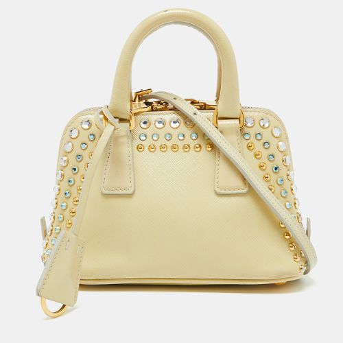 Prada Cream Saffiano Patent Leather Crystal Embellished Pyramid Frame Satchel - Prada - Modalova