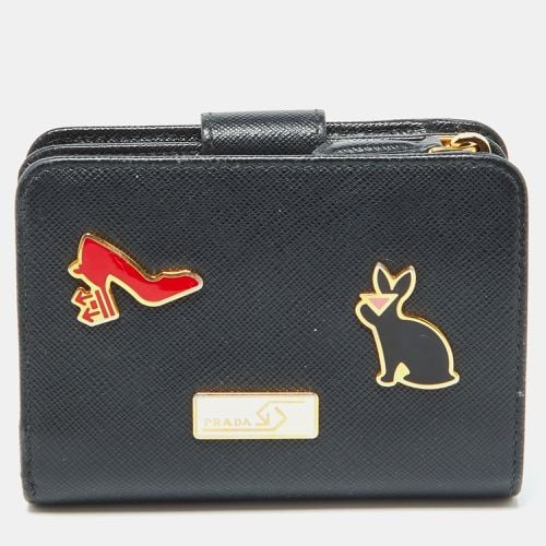 Prada Black Saffiano Leather Rabbit Charm Embellished Compact Wallet - Prada - Modalova