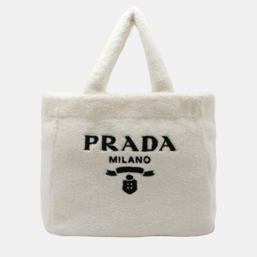 Prada Bianco White Nero Black Fabric Terry Large Tote Bag - Prada - Modalova