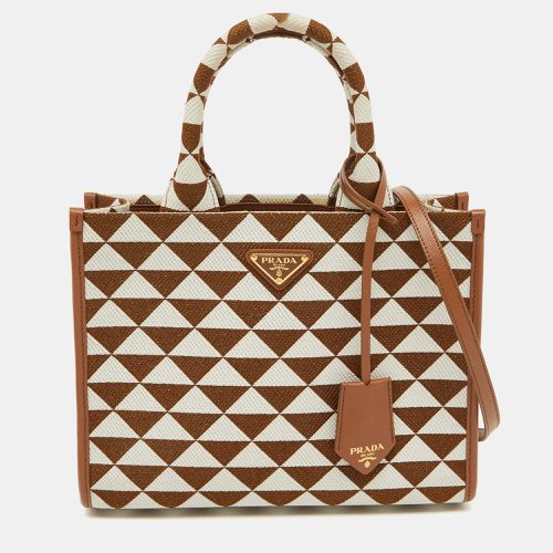 Prada Brown/White Embroidered Fabric and Leather Small Symbole Tote - Prada - Modalova