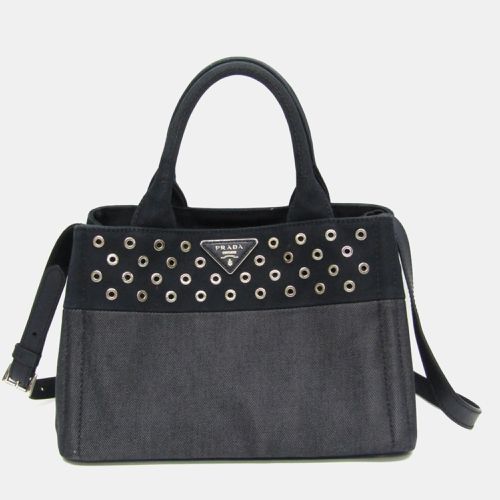 Prada Navy Blue Denim and Leather Studded Canapa Tote Bag - Prada - Modalova