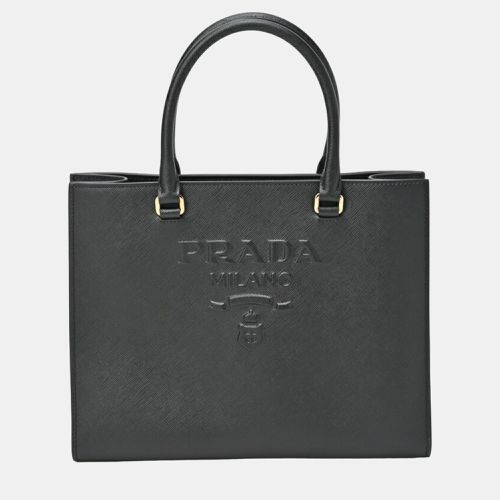 Prada Black Saffiano Leather Medium Lux Embossed Logo Tote Bag - Prada - Modalova