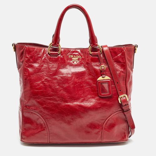 Prada Red Vitello Shine Leather Logo Shopper Tote - Prada - Modalova