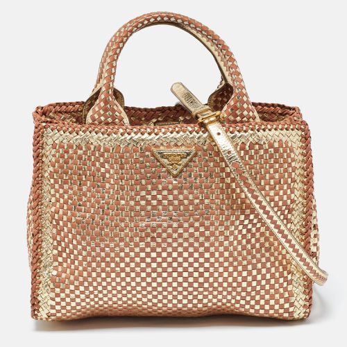 Prada Gold/Brown Woven Madras Leather Snap Tote - Prada - Modalova