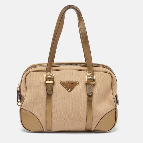 Prada Metallic/Beige Canvas and Leather Zip Bowler Bag - Prada - Modalova