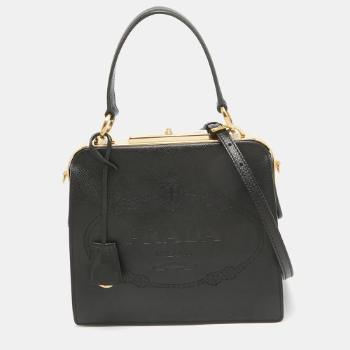 Prada Black Logo Print Saffiano Leather Frame Top Handle Bag - Prada - Modalova