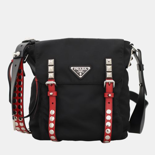 Prada Black & Red Leather and Nylon New Vela Studded Messenger Bag - Prada - Modalova
