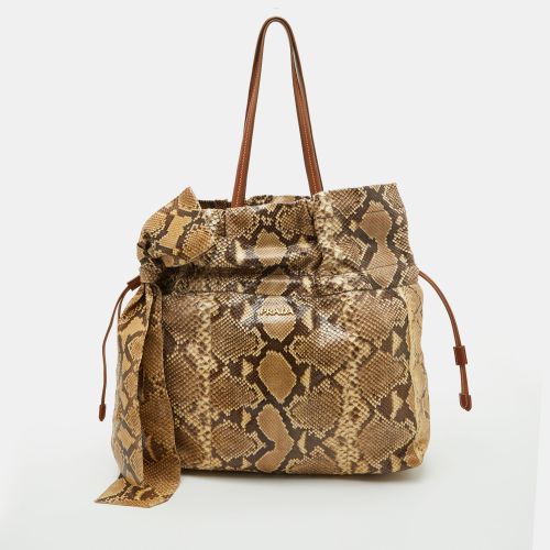 Brown Python and Leather Bow Drawstring Tote - Prada - Modalova