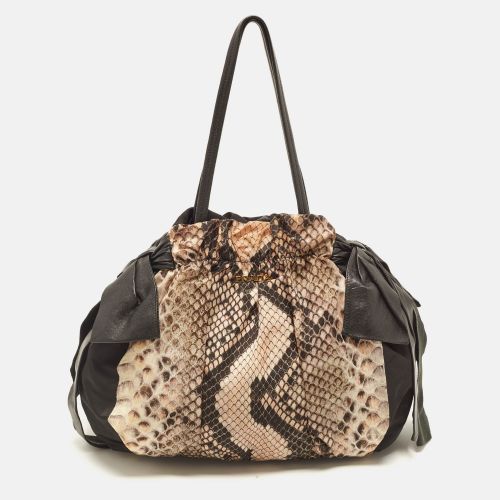 Side Bow /Beige Python Printed Nylon and Leather Shoulder Bag - Prada - Modalova