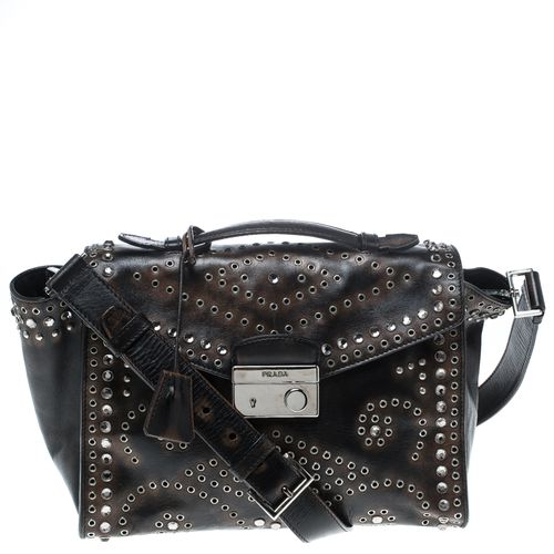 Prada Dark Brown Vitello Vintage Leather Eyelet Crystal Embellished Top Handle Bag - Prada - Modalova