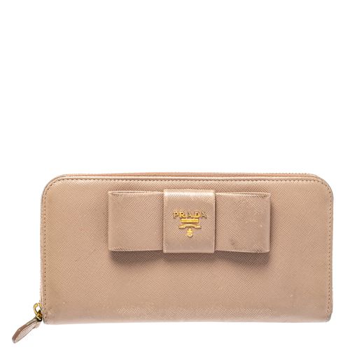 Prada Beige Saffiano Leather Bow Zip Around Wallet - Prada - Modalova