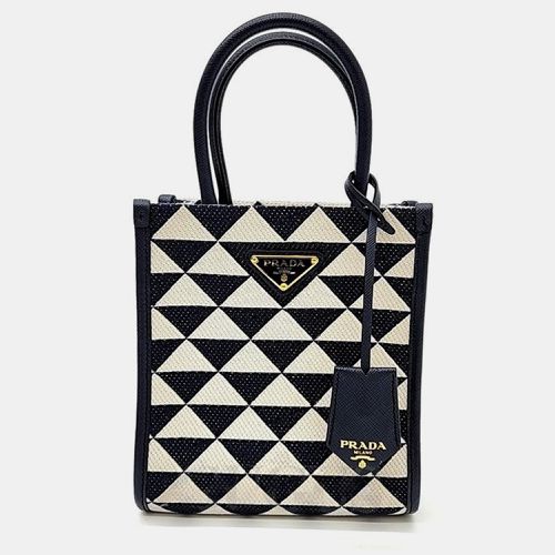 Prada Cream/Black Triangle Canvas and Leather Symbole Tote Bag - Prada - Modalova