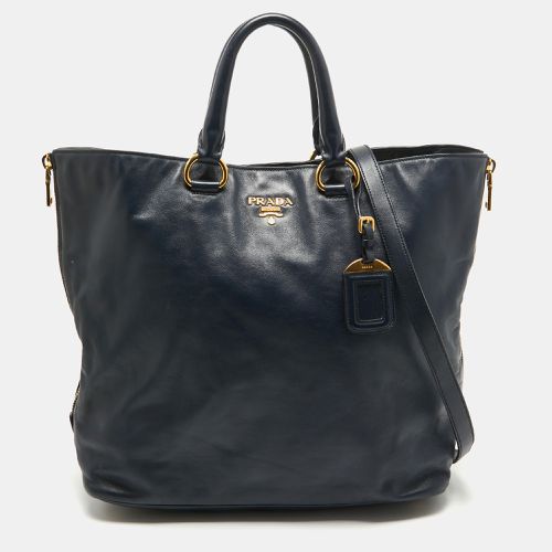 Prada Navy Blue Leather Side Zip Tote - Prada - Modalova