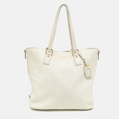 Prada White Vitello Daino Leather Side Zip Tote - Prada - Modalova