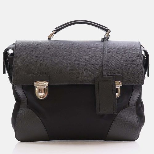 Prada Black Saffiano Trimmed Small Tessuto Flap-Top Briefcase - Prada - Modalova