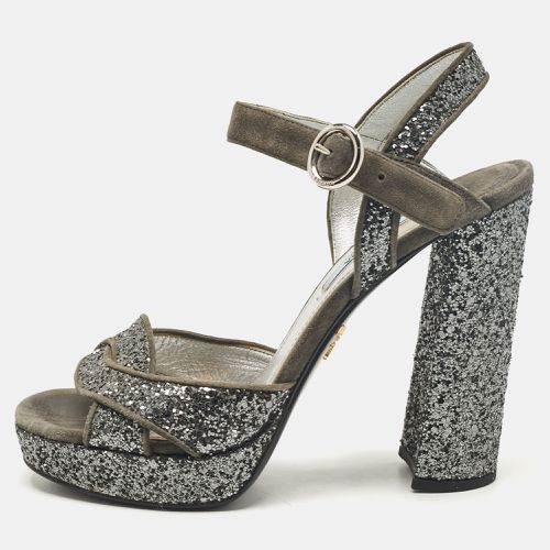 Prada Grey Glitter and Suede Platform Ankle Strap Sandals Size 37 - Prada - Modalova