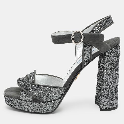 Prada Grey Glitter and Suede Ankle Strap Sandals Size 39 - Prada - Modalova