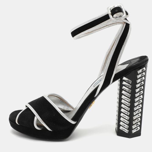 Prada Black/Silver Suede and Leather Ankle Strap Sandals Size 39.5 - Prada - Modalova