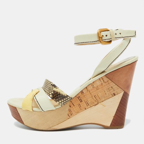 Prada Cream Leather and Snakeskin Leather Platform Wedge Sandals Size 39 - Prada - Modalova