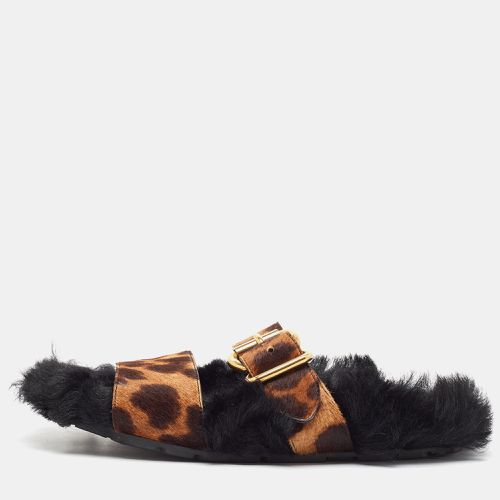 Prada Brown Calf Hair and Fur Buckle Flat Slides Size 38 - Prada - Modalova