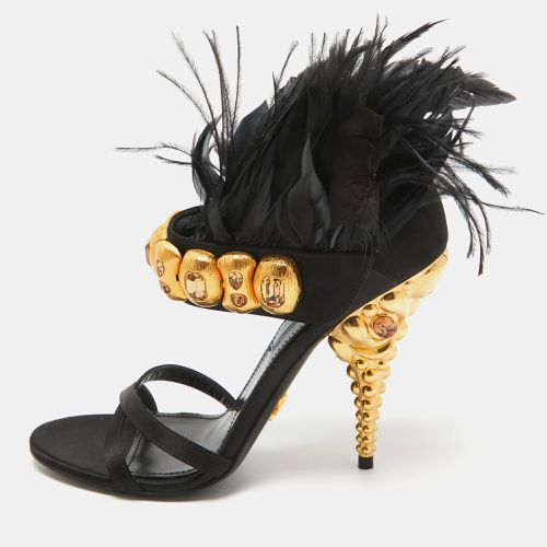 Prada Black Satin and Feather Ankle Strap Sandals Size 38.5 - Prada - Modalova