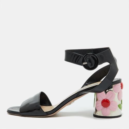 Prada Black Patent Leather Ankle Strap Floral Block Heel Sandals Size 39 - Prada - Modalova