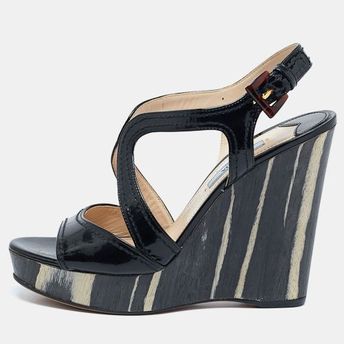 Prada Black Patent Leather Wooden Wedge Ankle Strap Sandals Size 37 - Prada - Modalova