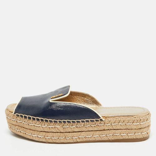 Prada Navy Blue Saffiano Leather Espadrille Platform Slides Size 38.5 - Prada - Modalova