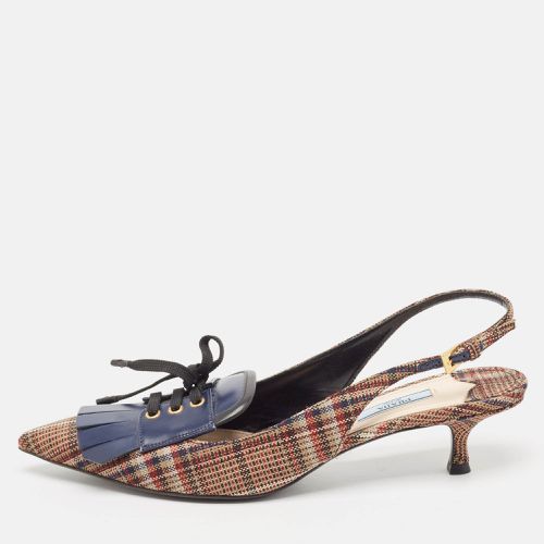 Prada Brown/Navy Blue Plaid Canvas and Leather Fringe Detail Lace Up Slingback Pumps Size 41 - Prada - Modalova