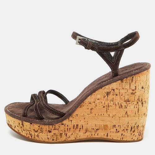 Dark Suede Cork Platform Wedge Ankle Strap Sandals Size 38.5 - Prada - Modalova