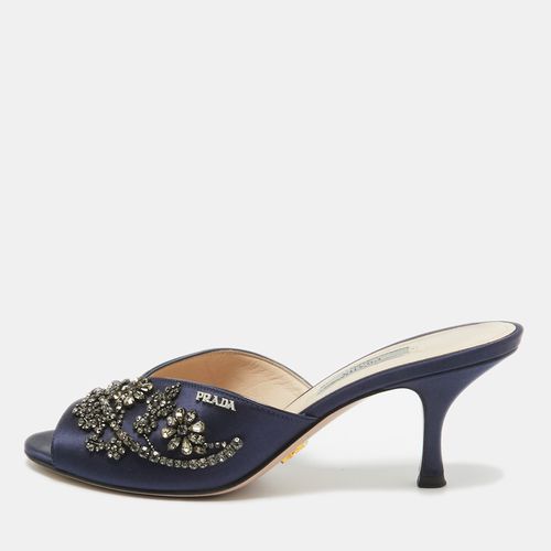 Prada Navy Blue Satin Crystal Embellished Slide Sandals Size 38 - Prada - Modalova