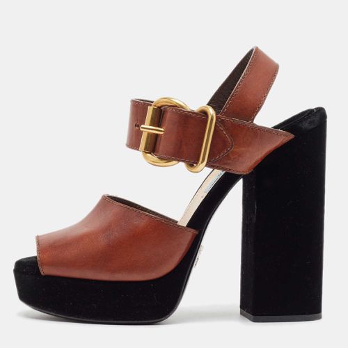 Prada Black/Brown Velvet and Leather Cutout Accent Platform Block Heel Ankle Strap Sandals Size 37 - Prada - Modalova