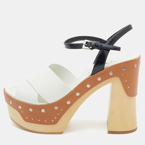 Prada White/Black Leather Studded Platform Block Heel Ankle Strap Sandals Size 37 - Prada - Modalova