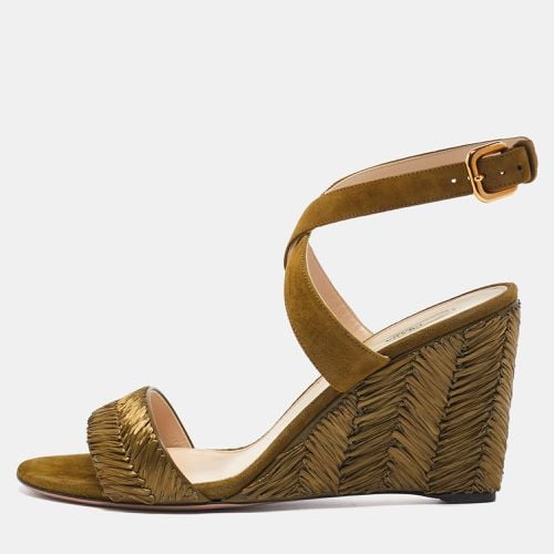 Prada Olive Green Suede and Raffia Wedge Ankle Wrap Sandals Size 41 - Prada - Modalova