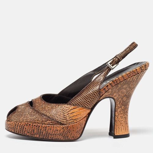 Prada Beige/Black Lizard Ankle Strap Peep Toe Sandals Size 36 - Prada - Modalova