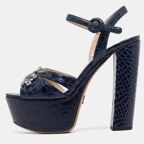 Prada Navy Blue Embossed Croc Crystal Embellished Platform Ankle Strap Sandals Size 39 - Prada - Modalova