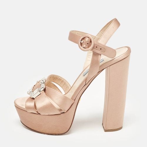 Prada Beige Satin Crystal Embellished Ankle Strap Platform Sandals Size 38 - Prada - Modalova