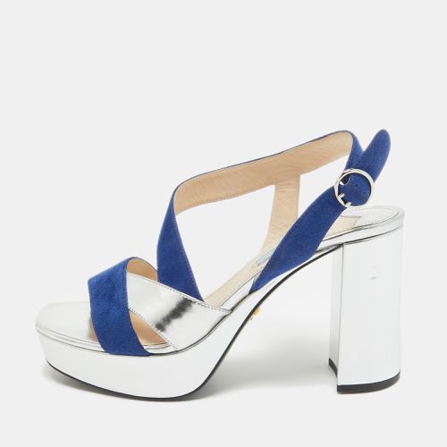 Prada Silver/Blue Leather and Suede Platform Slingback Sandals Size 38 - Prada - Modalova