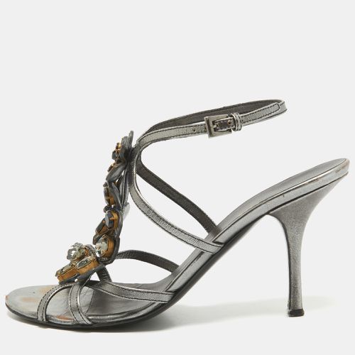 Prada Grey Leather Crystal Embellished Ankle Strap Sandals Size 37.5 - Prada - Modalova