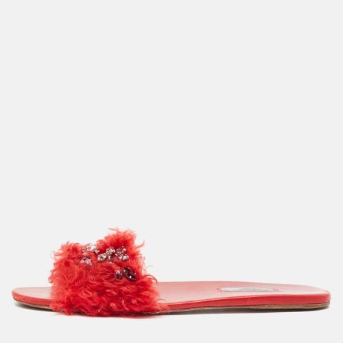 Prada Red Fur and Leather Crystal Embellished Flat Slides Size 41 - Prada - Modalova