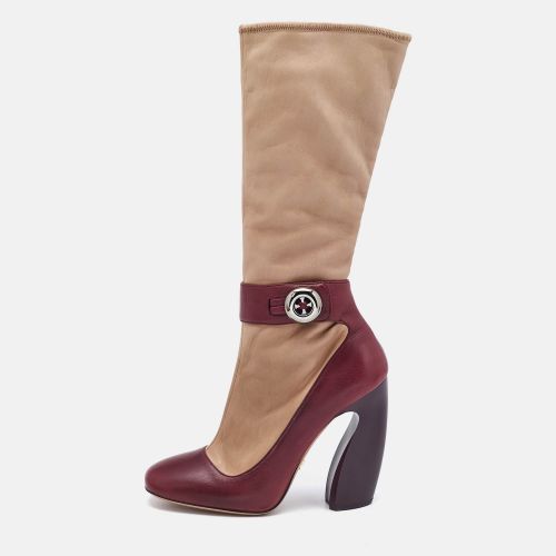 Prada Beige/Burgundy Leather Mid Calf Boots Size 39 - Prada - Modalova