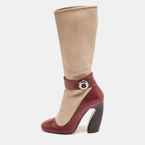 Prada Beige/Burgundy Leather Mid Calf Boots Size 39 - Prada - Modalova
