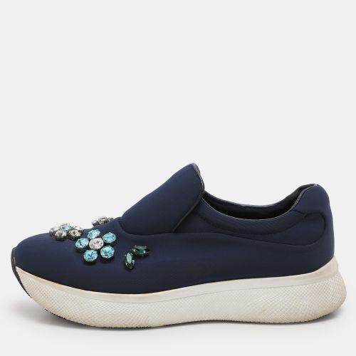 Prada Blue Nylon Catch Me If You Can Crystal Embellished Slip On Sneakers Size 35.5 - Prada - Modalova