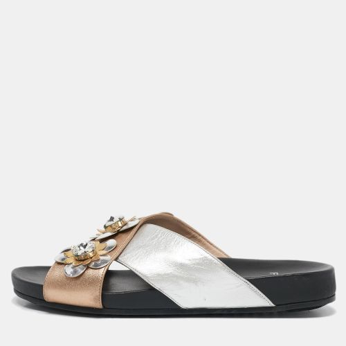 Fendi Silver/Gold Leather Flowerland Slide Flat Sandals Size 37 - Fendi - Modalova