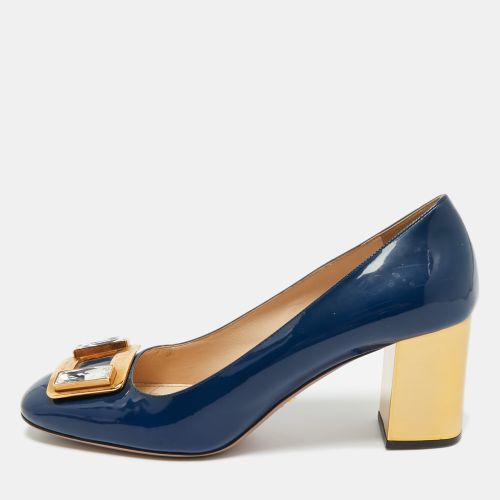 Prada Navy Blue Patent Leather Buckle Block Heel Pumps Size 38 - Prada - Modalova