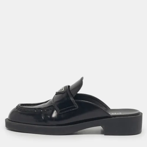 Prada Black Brushed Leather Logo Mules Size 39 - Prada - Modalova
