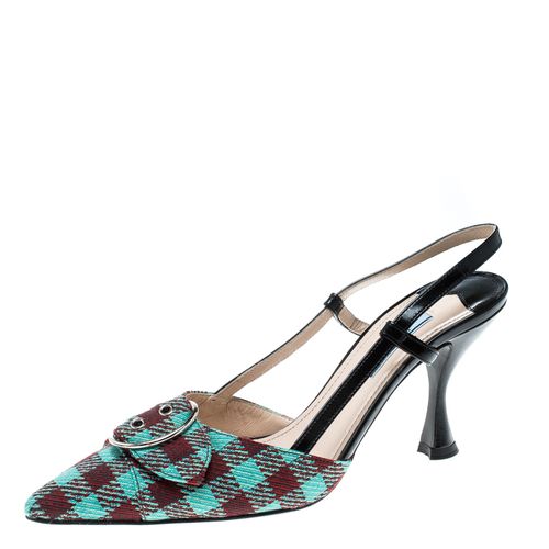 Prada Multicolor Check Pattern Fabric and Leather Slingback Sandals Size 37.5 - Prada - Modalova