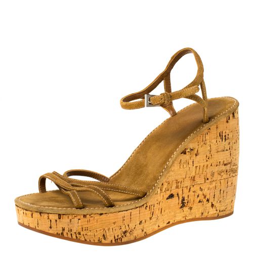 Prada Brown Criss Cross Suede Ankle Strap Cork Wedge Sandals Size 40 - Prada - Modalova